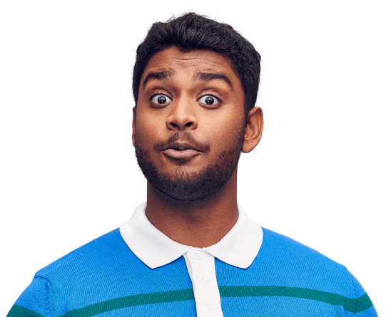 Man is a blue shirt happy