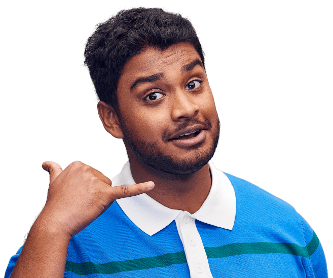 Man in Blue Striped Shirt with call me hands